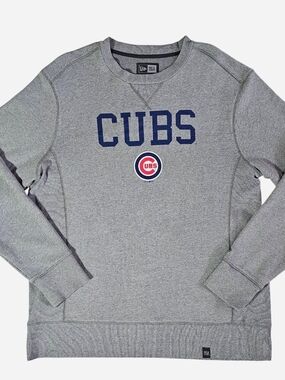 New Era Gray Crewneck with Navy Cubs Lettering and Red Accent